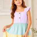 Girls Rainbow Summer Dress, Flutter Sleeve Tiered Sundress for Beach Vacation Muti Color 13-14 Years