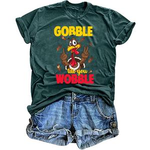 Thanksgiving Shirts for Women Gobble Til You Wobble T Shirt Gobble Turkey Short Sleeve Graphic Tee Tops (S)