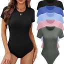 BALENNZ Women's 4/5 Pack Short Sleeve Round Neck Bodysuit Tops Crew Neck Basic Casual Tshirt Bodysuits (Large, 5 Pack Black, Olive Green, Pink, Sky Blue, Royal Blue)