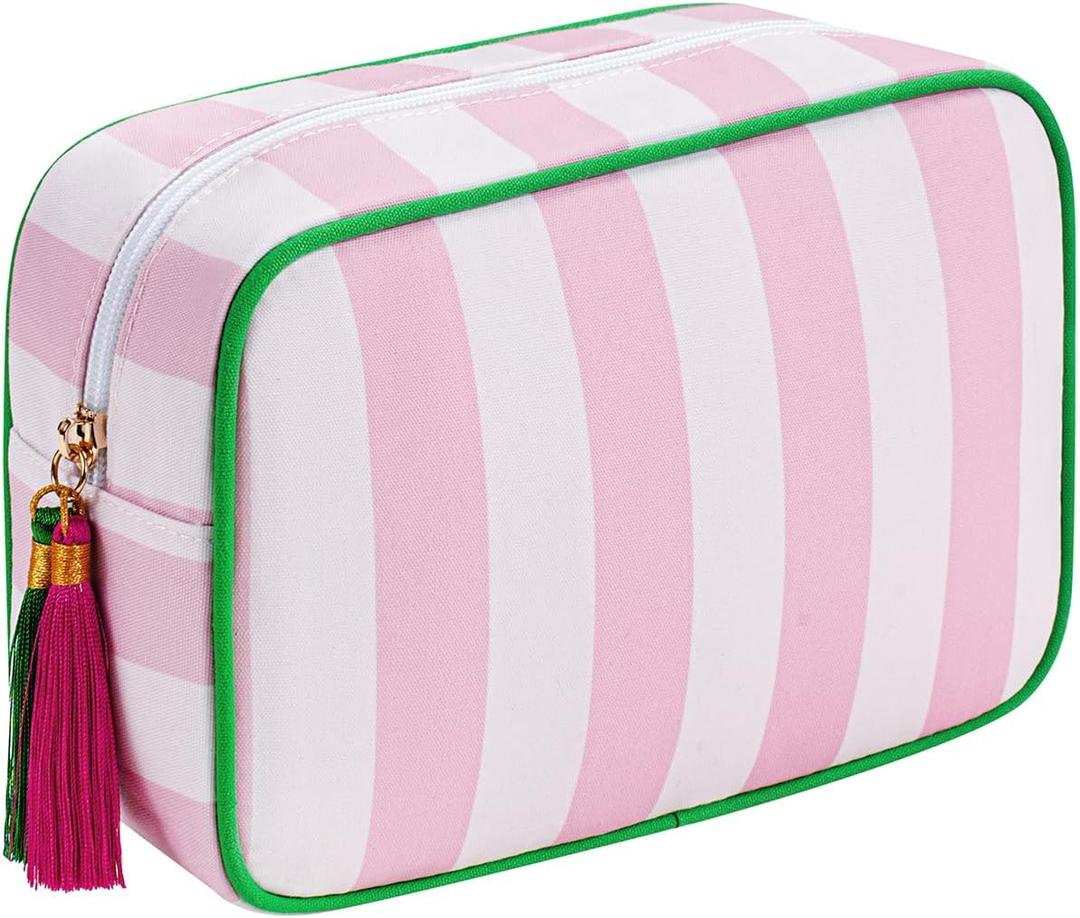 RSRSLEII Large Stripe Zipper Makeup Bag,Aesthetic Tassel Travel Cosmetic Bag,Coquette Toiletry Bag, Girls Handbags Purses,Accessories Storage Bag for Women Girls (Pink)