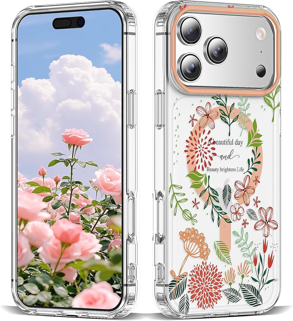 XIQI Compatible with iPhone 17 Pro Max Case 6.9" for Women Girls Cute Translucent Magnetic Phone Case with Floral Pattern [Never Fade Flower Design][Compatible with Mag-Safe],Dahlia