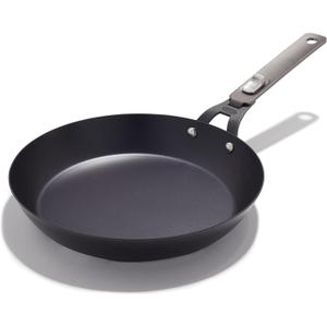 OXO Outdoor Pre-Seasoned Carbon Steel 10" Frying Pan Skillet, Detachable Handle for Easy Storage, Indoor Use, Nonstick with Use, Induction Suitable, Oven & Broiler Safe, Browning, Grill, Sear, Saute, Black