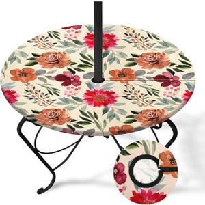 Flower Round Outdoor Tablecloth With Umbrella Hole, Retro Fitted Table Cover With Zipper, Outdoor Camping Essentials, Waterproof Umbrella Table Cloth with elastic (36''-44'')
