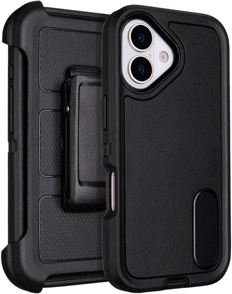 for Case iPhone 16 Case with Belt Clip Holster, Rugged iPhone 16 Case Heavy Duty Protective for Work & Outdoor, Shockproof Cover with Kickstand Clip, Dustproof Port Protection (Black)