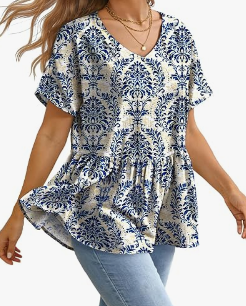 YESNO Women's Summer Tops Casual V Neck Babydoll Blouses Floral Short Sleeve Peplum Shirts TH2, 2XL