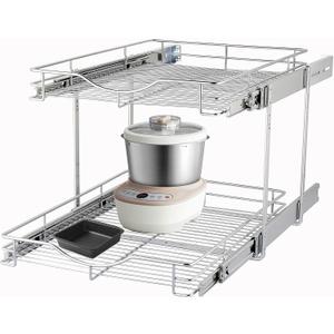 DINDON 2 Tier Pull Out Cabinet Organizer (20" W X 21" D), Double Tier Wire Basket Slide Out Shelf Storage for Kitchen Base Cabinet Organization for Kitchen, Pantry, Bathroom, Chrome