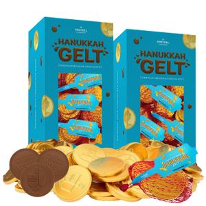 The Dreidel Company Chocolate Gelt Coins, 40-Mesh Bags - Made Milk Chocolate, Kosher Ou- Dairy, Non Gmo, Chanukah Gelt, (40 Mesh Bags) Hanukkah Coins with Menorah and Dreidel Designs