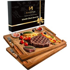 2 PCS Acacia Wooden Steak Board - 15 Inches Steak Cutting Plate Board with Fork, Knife and Ramekins (2 Set)