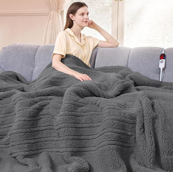 Electric Blanket Full Size 72"X84" Blue - Soft Double Sided Sherpa Heated Blanket Full Size with LED Display, 6 Heating Levels & 10 hrs Timer, Machine Washable & Fast Heating, Gray