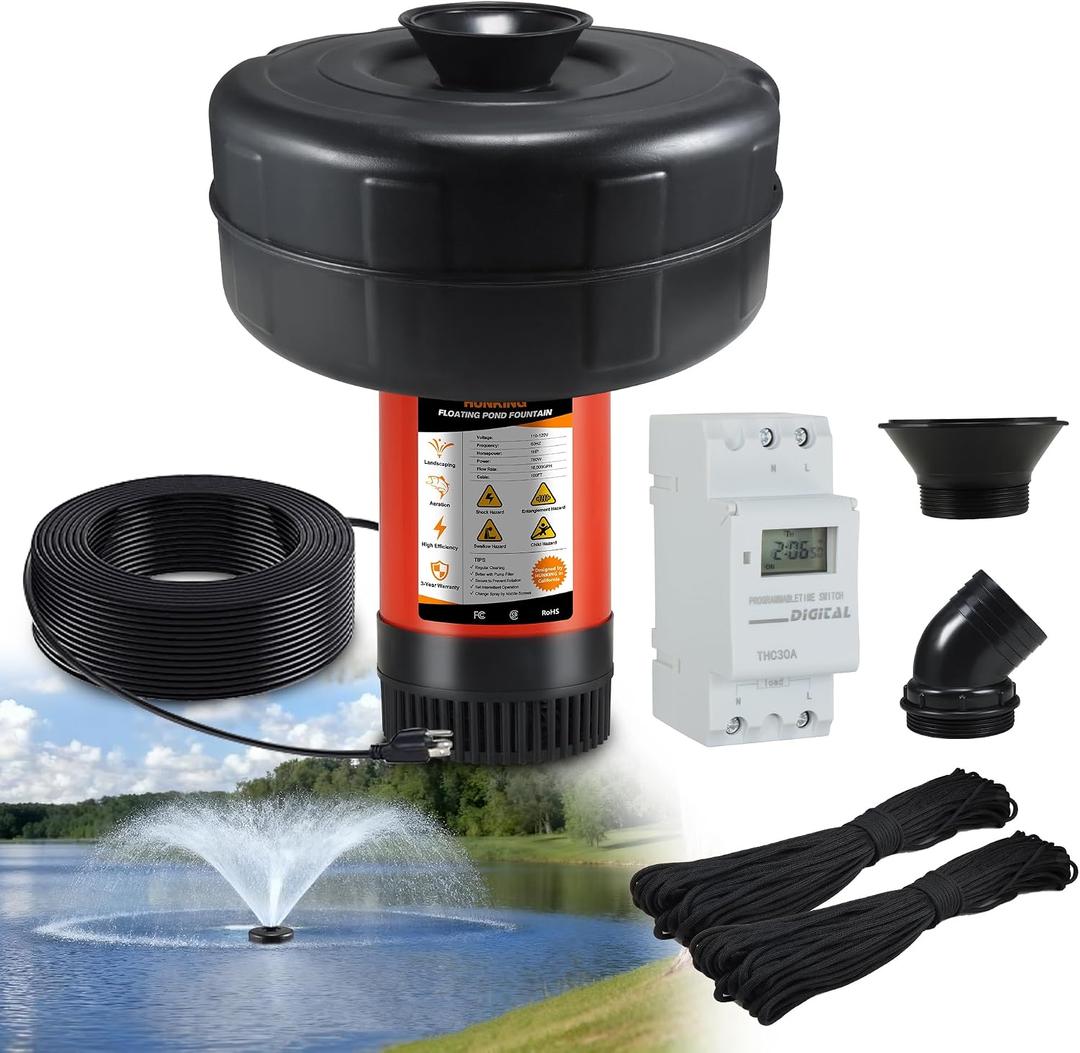 H1 Pond Fountain Aerator 750W 1HP - 16000 GPH Floating Aerating Pump with Timer, 110V-120V/100FT Power Cord/2 Nozzles Outdoor Water Circulation Jet System for Large Ponds, Lakes, Water Gardens