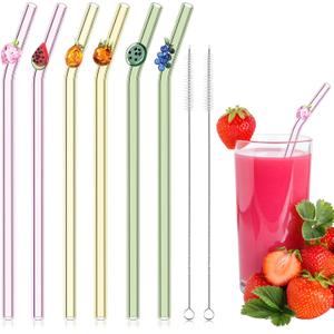 6 Pcs Glass Straws with Design Reusable Cute Fruit Drinking Straws 7.9in x 8mm Colorful Party Favors Decorations with 2 Cleaning Brushes for Summer Beach Birthday(Bent)