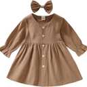 VISGOGO Baby Kids Girl Dresses Outfit Solid Color Long Sleeves Single-Breasted Dress + Headband 2Pcs Clothes (6-12 Months, Khaki)