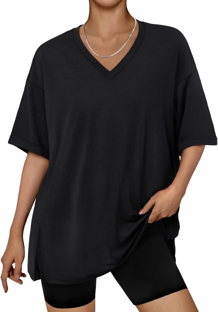 Trendy Queen Oversized T-shirts for Women Workout Plus Size Tops V Neck Short Sleeve Gym Shirts Casual Loose Fit Basic Tees (3X-Large, Black)