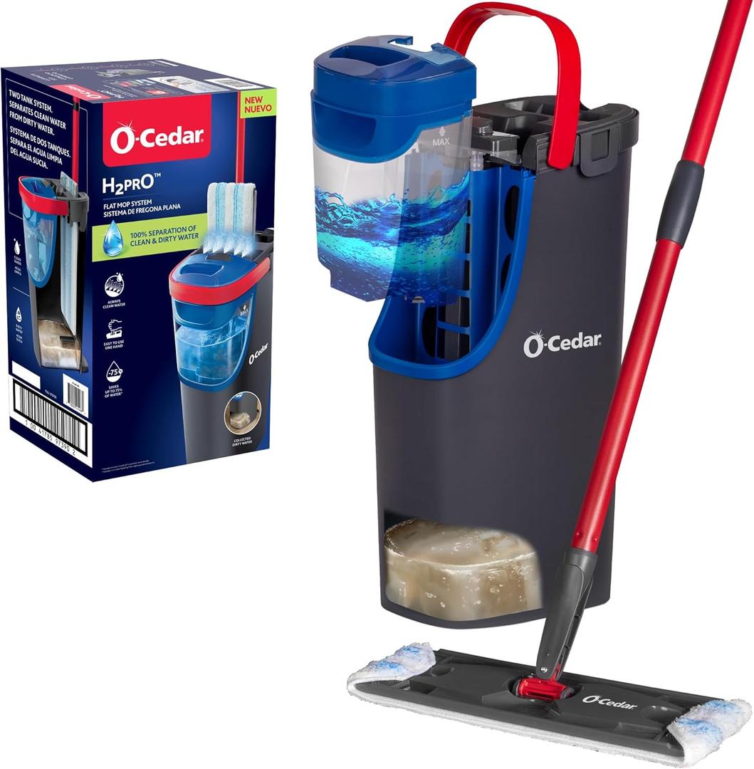 OCedar H2prO Flat Mop System | Quick Cleaning Tool | Clean with Water | Machine Washable Reusable Microfiber Mop Pad | Safe on Wood Floors, Vinyl, Tile, Baseboards, Walls