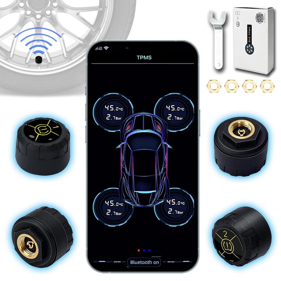 TPMS Tire Pressure Monitor System Wireless Tire Pressure Monitoring System Sensor Real-time Bluetooth Temperature Motorcycle TPMS for Cars,Bikes,Support iOS&Android,4 External TPMS Kit2025 Upgraded
