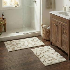2 Piece Bathroom Rug Set - 35x22 Inch and 25x18 Inch 100% Cotton Bath Mats with Textured Botanical Leaf Print for Boho Bathroom Decor - Bath Rugs Non Slip Washable Bathmats by Lavish Home (Natural)