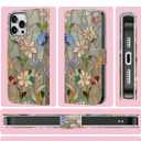 DEENAKIN for iPhone 15 Pro Wallet Case with Card Holder + Cash Clip, RFID-Blocking, Military-Grade Drop Protection & UV-Printed Artwork, Magnetic Closure with Leather Kickstand - Artistic Florals