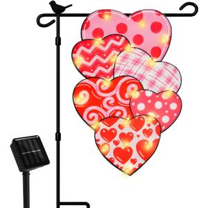 Valentine Garden Flag - 12x18 Inch Double-Sided Solar Powered LED Heart Flag with 8 Lighting Modes, Perfect for Outdoor Yard and Home Valentines Day Decorations