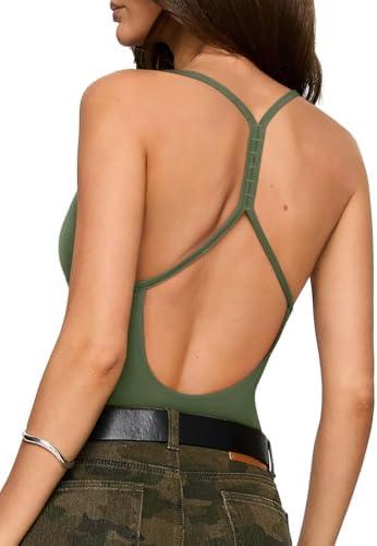 REORIA Women's Sexy Scoop Neck Backless Bodysuits Open T-Back Cami Sleeveless Bodysuit Tank Top Trendy, Size XS
