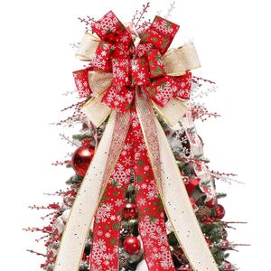 Christmas Tree Topper Bow, 44X12 Inch Artificial Xmas Tree Flower Topper Decor, for Family, Wedding, Birthday Party, Indoor Outdoor Thanksgiving Christmas Decoration - Red/Gold/Snowflake.