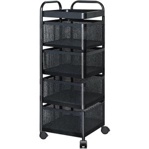 TAGEPOR Rotating Kitchen Storage Rack, 4 Tier Rolling Cart with Fruit and Vegetable Basket, Black Storage Organization Dolly Cart with Wheels for Bathroom, Kitchen and Bedroom