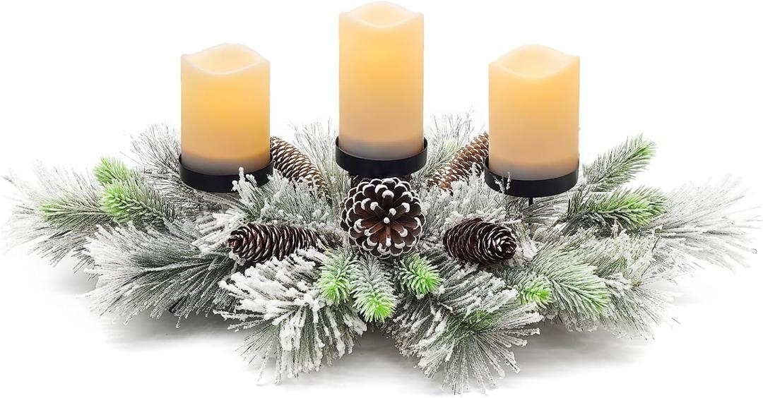 Christmas Centerpiece Table Decorations, Handcrafted Snowy Pine Cones and Pine Needles with 3 Candle Holders for Dining Table Fireplace Mantel - 27.5 in (Cedar)