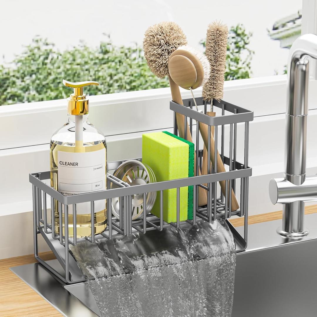 Cisily Sink Caddy Organizer with High Brush Holder, Sponge Holder for Sink, 304 Rustproof Stainless, Kitchen Countertop Soap Dispenser Organizer, Gray Kitchen Decor and Accessories (9.25, Grey)