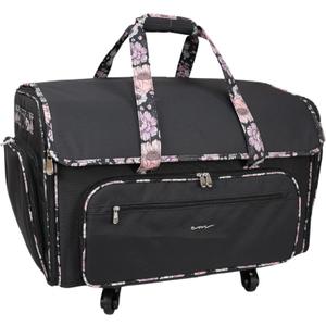 Everything Mary XXL Rolling Sewing Machine Case  Black & Floral Trim Wheeled Craft Bag  Spacious Organizer with 4 Wheels & Multiple Pockets for Sewing Supplies