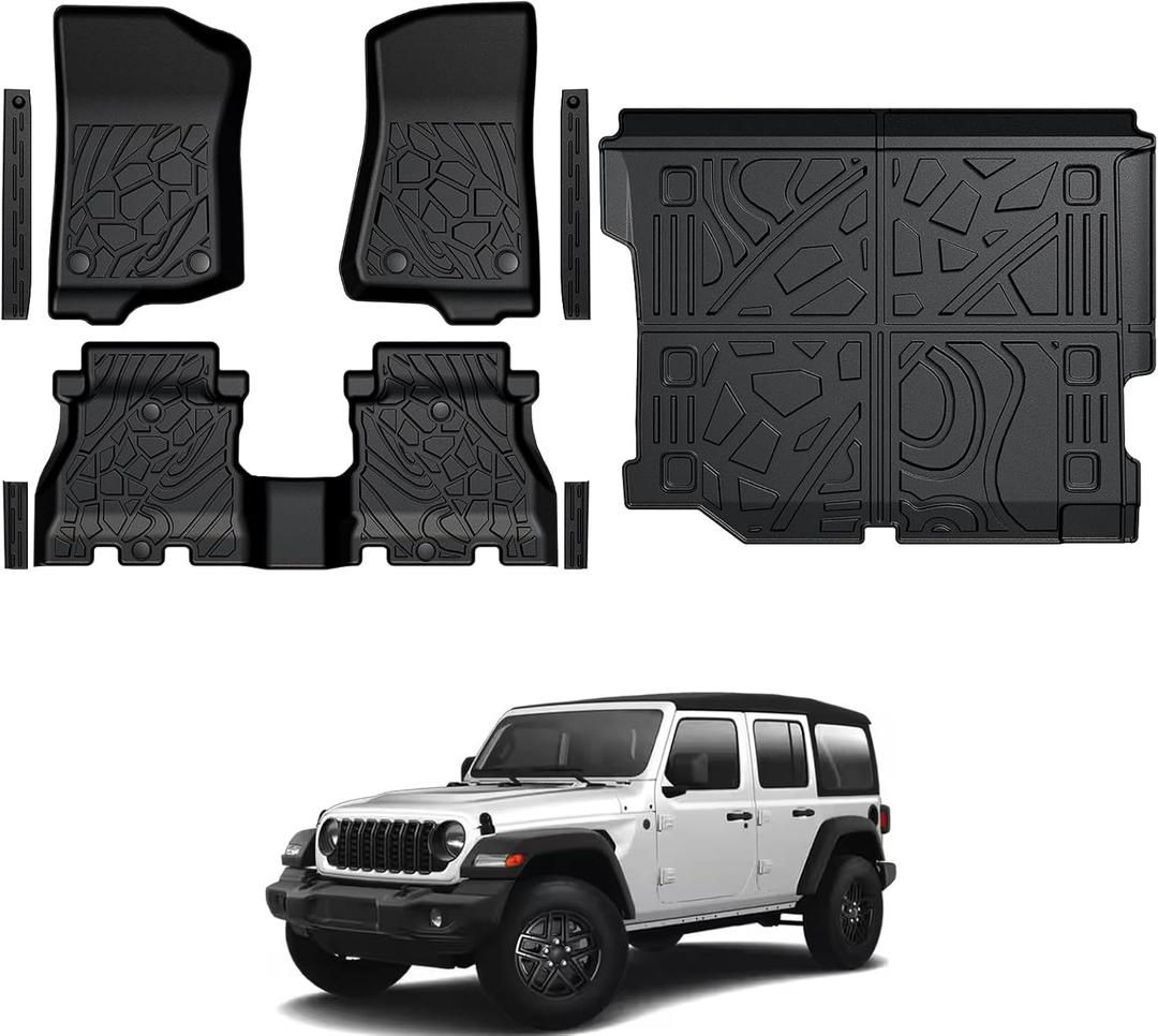 Floor Mats for Jeep Wrangler JL Gas 2018-2025 2026, All Weather Floor Mats Trunk Cargo Liner and Door Sill Guards Accessories (Fit 4-Door Unlimitied)