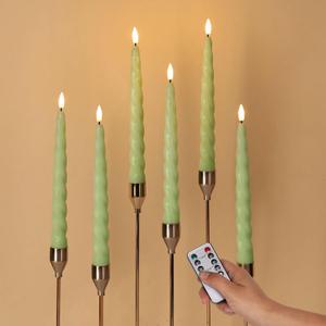 Spiral Green Flameless Taper Candles with Remote, Flickering Battery Operated LED Wax Candlesticks Spring Easter Home Decor Set of 6