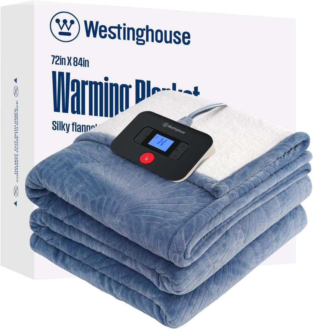 Westinghouse Electric Blanket Full, Flower Jacquard Heated Blanket Full Size with 10 Heating Levels and 1-12 Hours Auto-Off, Flannel to Sherpa Reversible, Machine Washable (72" x 84", Blue)