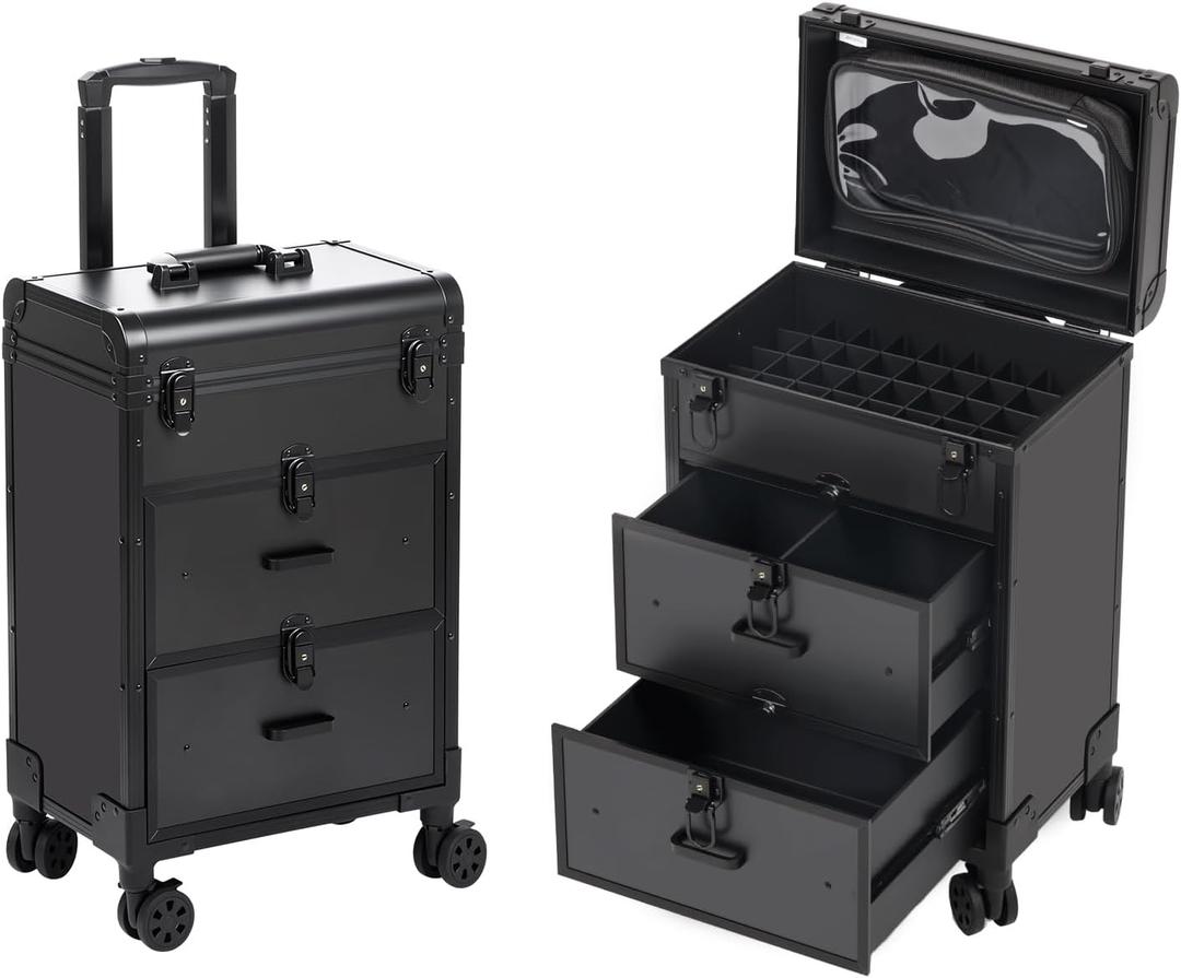 3 in 1 Rolling Makeup Case, Professional Cosmetology Case on Wheels with 2 Drawers, Ideal Gift for Hairstylist, Nail Techs, 3 Tiers Portable Beauty Organizer Case for Travel or Salon Use, Black
