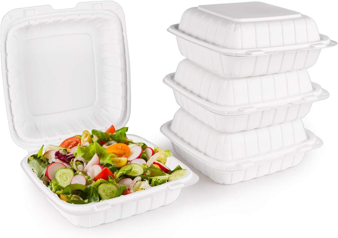 FULING [8x8-Inch, 50 Pieces Disposable To Go Box Containers, Plastic Clamshell Takeout Food Trays, Microwave Safe, Cut Resistantstable Hinged Lid, Hybrid Polypropylene, White