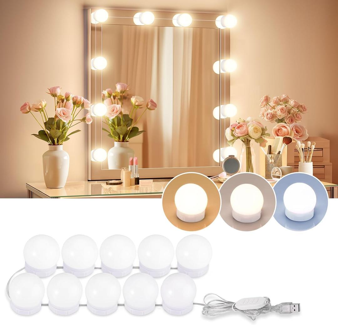 LED Vanity Lights For Mirror, Consciot Hollywood Style With 10 Dimmable Bulbs, Adjustable Color & Brightness, USB Cable, Stick on for Makeup Table Dressing Room Mirror (White)