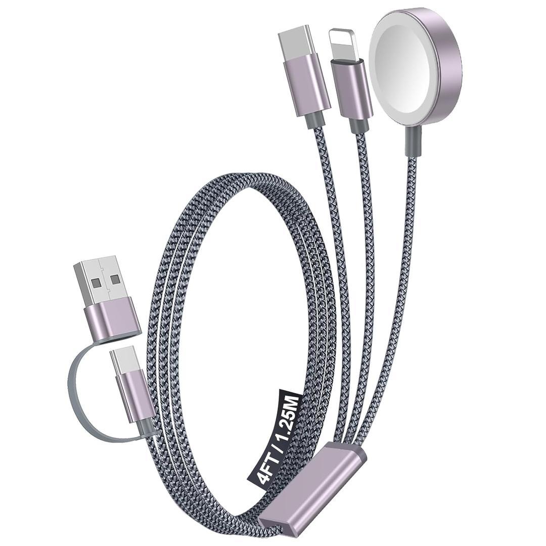 Temdan for Travel Essentials,3 in 2 USB C Cable for Apple Watch Charger/iPhone 17 Charger/Lightning,Multi Charging Cable Cord,Vacation Camping Essentials,Portable Designed for iWatch &iPhone 16-12-4FT