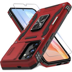 DEERLAMN Case for Samsung Galaxy S25 FE 6.7-Inch with Slide Camera Cover+Screen Protector(1 Pack), Rotated Ring Kickstand Military Grade Shockproof Protective Cover-Red
