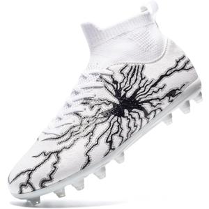 Kids Soccer Cleats Boys Girls Training Football Cleats Youth High-top Soccer Shoes for Little/Big Professional Athletic Outdoor Football Shoes (White)