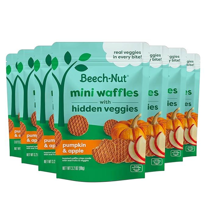 Beech-Nut Toddler Snacks, Mini Waffles with Hidden Veggies, Pumpkin Apple Cinnamon, Non-GMO, 3.2 oz Bag (7 Pack) Best Before June 5, 2027