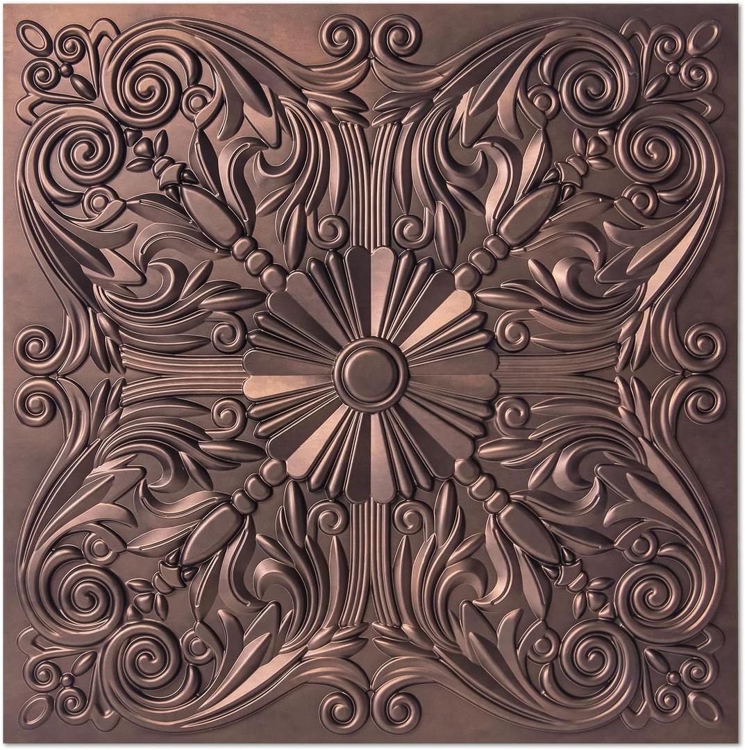 Art3d Decorative Ceiling Tile 2x2 Glue up, Lay in Ceiling Tile 24x24 Pack of 12pcs Spanish Floral in Antique Copper