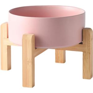 8'' Ceramic Raised Dog Bowl - 70Oz Dog Food & Water Bowl with Elevated Non-Slip Bamboo Stand, Dishwasher & Microwave Safe, Anti Vomiting Heavy Duty Pet Bowl for Medium and Large Dogs, Pink