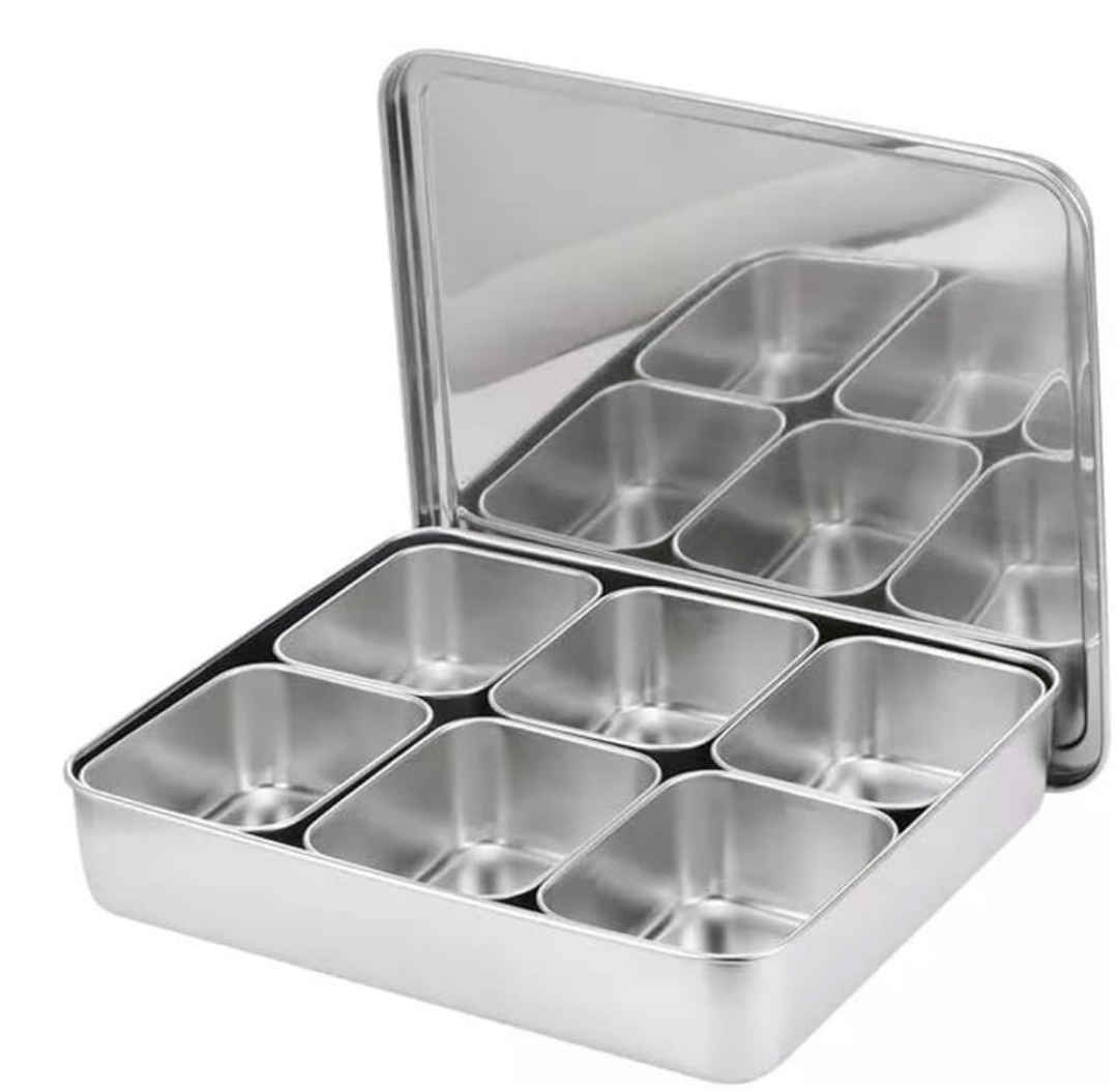 Mini Container, Stainless Steel Place Box, Multi Compartment Set For Food, Herbs, Seasoning and Spices (6 Compartment)