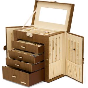 Homde Synthetic Leather Huge Jewelry Box Mirrored Watch Organizer Necklace Ring Earring Storage Lockable Gift Case (Brown + Gold)