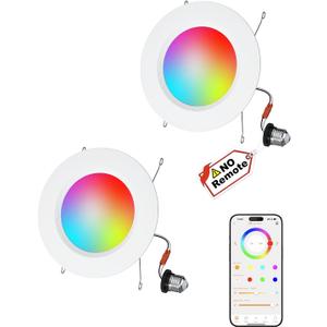 LED Recessed Lighting 5/6 inch, Smart Bluetooth Can Lights, 13W 1050LM, RGB Color Changing Selectable, Retrofit Led Recessed Light Fixtures Compatible with Alexa for Bedroom Living Room Kitchen, 2Pack