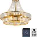 24“ Crystal Chandelier Ceiling Fan with Lights, (Luxury Gold) | Double-layer Chandelier, 6-Speed, Reversible DC Motor, 8-Lights, E12 Base, Modern Style for Bedroom, Living Room