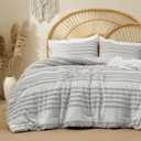 BEDELITE Boho Comforter Set Queen Size, Light Grey Tufted Striped Bed Set 3 Pieces, Soft Vintage Farmhouse Comforter for All Seasons, Boho Home Decor,Fluffy Jacquard Bedding with 2 Pillow Shams