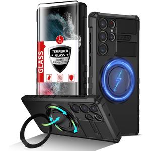 for Samsung Galaxy S22 Ultra Case Magnetic Compatible Wireless Charging,S22 Ultra Case with1 Screen Protector,Built-in Kickstand Ring Military Grade Drop Shockproof Heavy Duty Protection Black