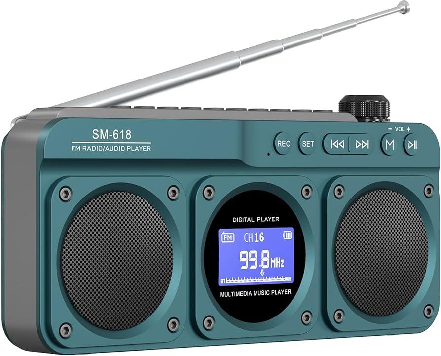 Small Digital FM Radio Bluetooth Speaker, Handheld Rechargeable Radio Wireless Speaker, LCD Display, Double Speakers, Headphone Jack, Support USB/Micro SD Card MP3 Play for Home Outdoor (No AM)