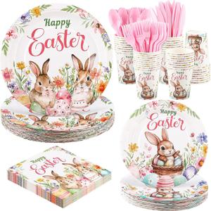Kochorie 175 Pieces Easter Paper Plates and Napkins Disposable Colorful Eggs Easter Bunny Flower Tableware Set 7 Inch & 9 Inch Plates Napkins Cups Cutlery for Spring Holiday Party Decor, Serve 25
