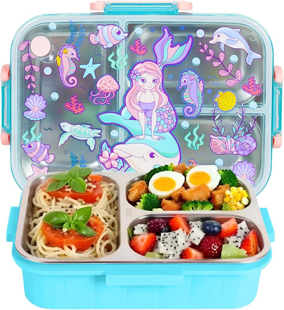 Stainless Steel Bento Lunch Box for Kids, 800ml/27oz BPA-Free Leak-Proof Food Containers with 3 Compartments, Freezer & Dishwasher Safe, Back to School Students Lunches Size for Ages 3-7 (B06. Mermaid)
