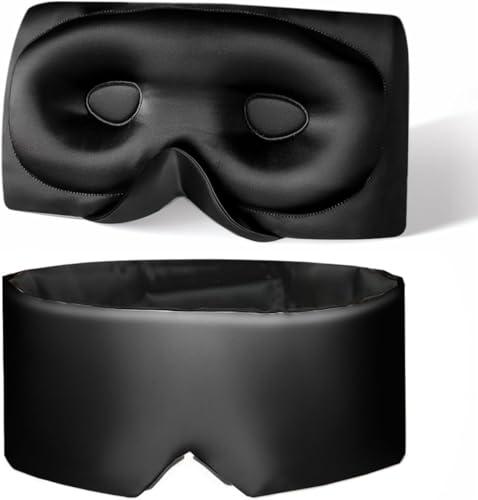 USlixury Silk Sleep Mask, 3D Contoured Sleeping Masks, Blackout Sleep Masks for Women with Nose Wing,100% Mulberry Silk, Face-Hugging Non-Slip SLEP Mask for Side Sleeper, 27.5x4.5'', Black